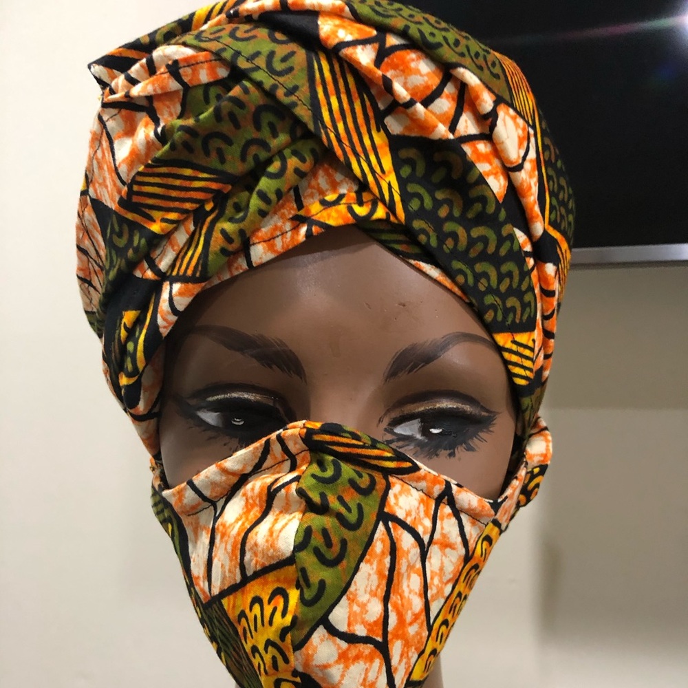 African Print Head Wrap & Face Mask Combo - Picture 1 of 1